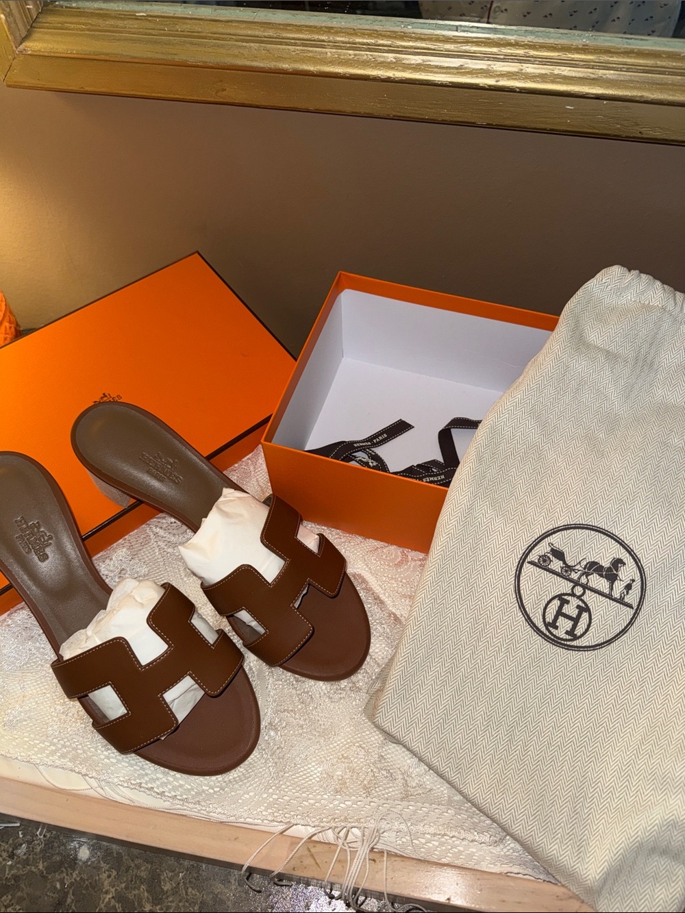 Hermès Oasis Sandals Brown & Tan Leather Slide Heels